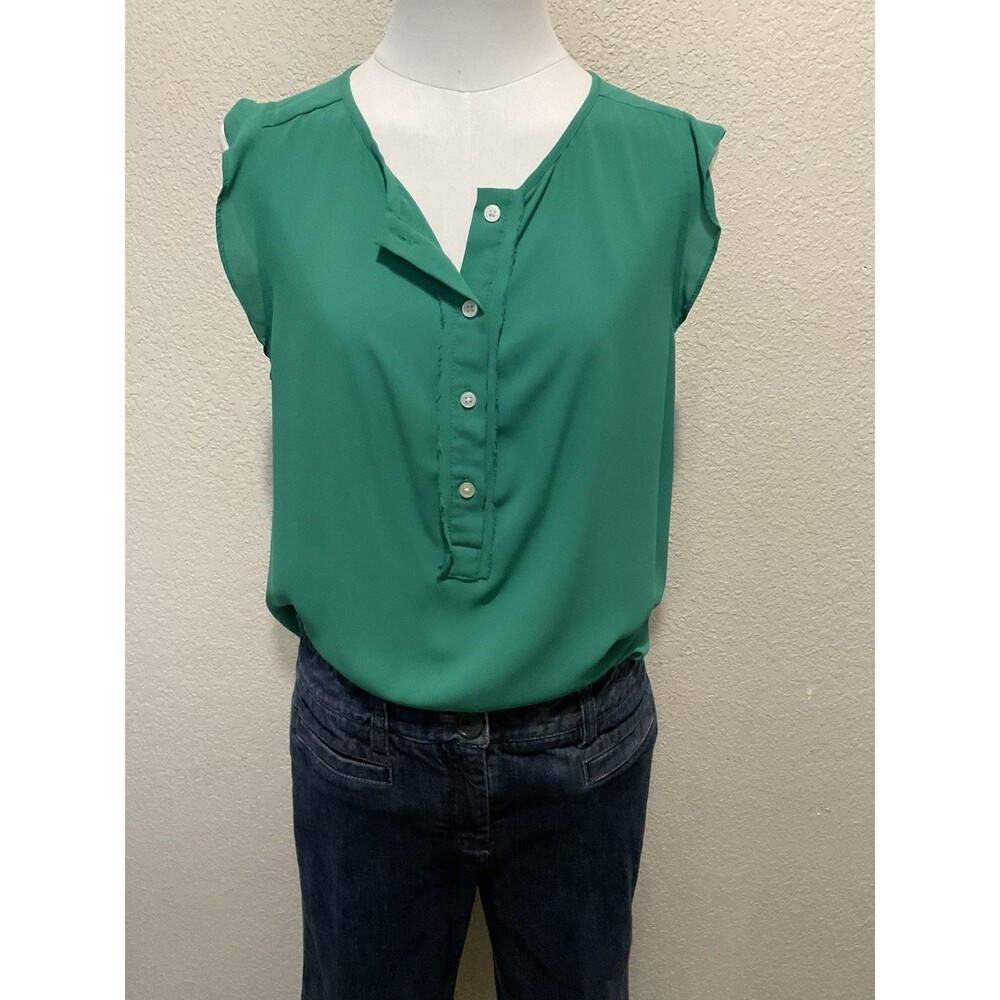 LOFT, Women’e, Sleeveless Blouse, Ruffle Sleeve/Button Front, Green, Size: M